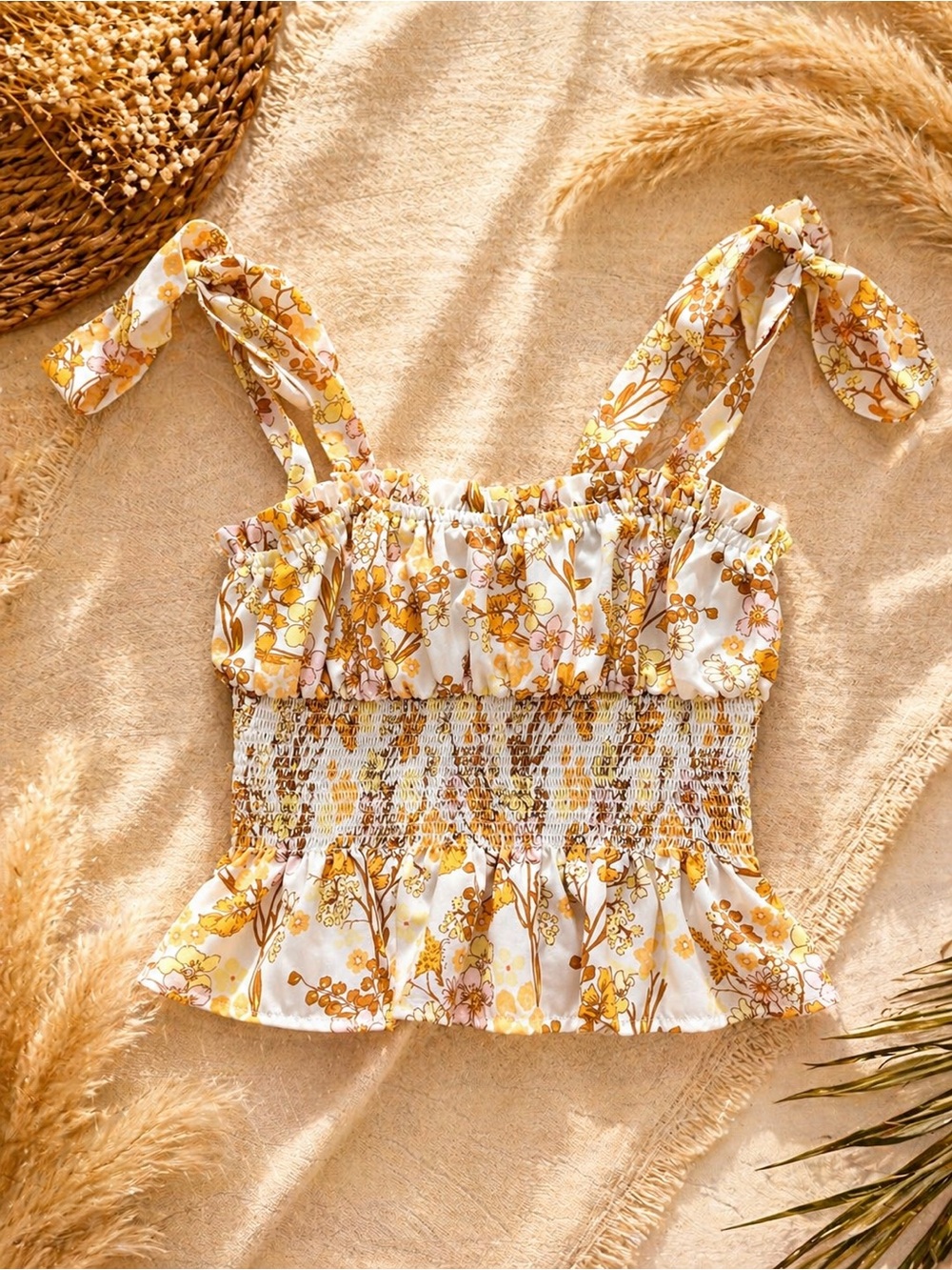 Floral Tie-Shoulder Smocked Crop Top - Yellow/White